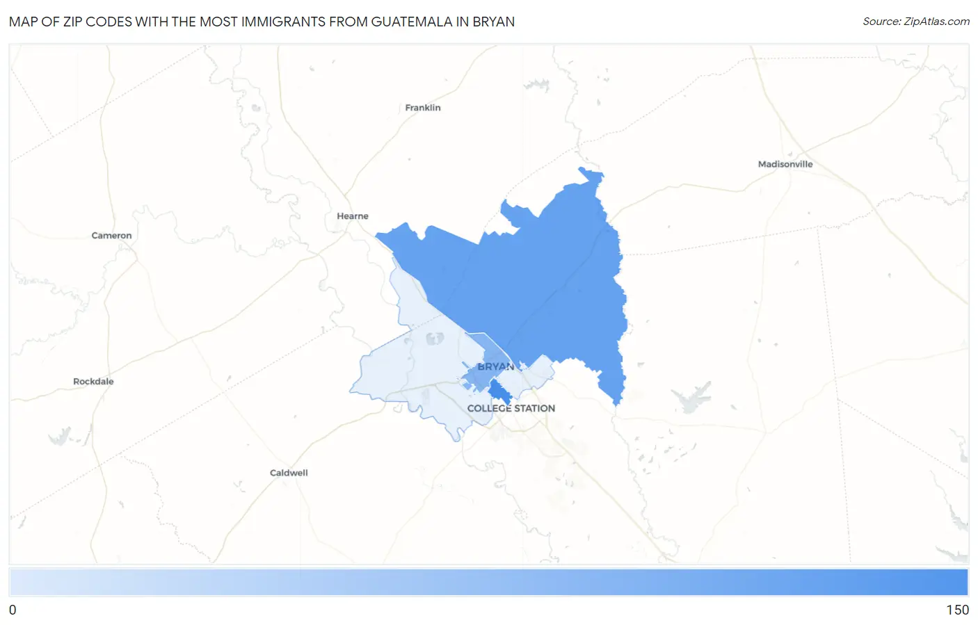 Zip Codes with the Most Immigrants from Guatemala in Bryan Map
