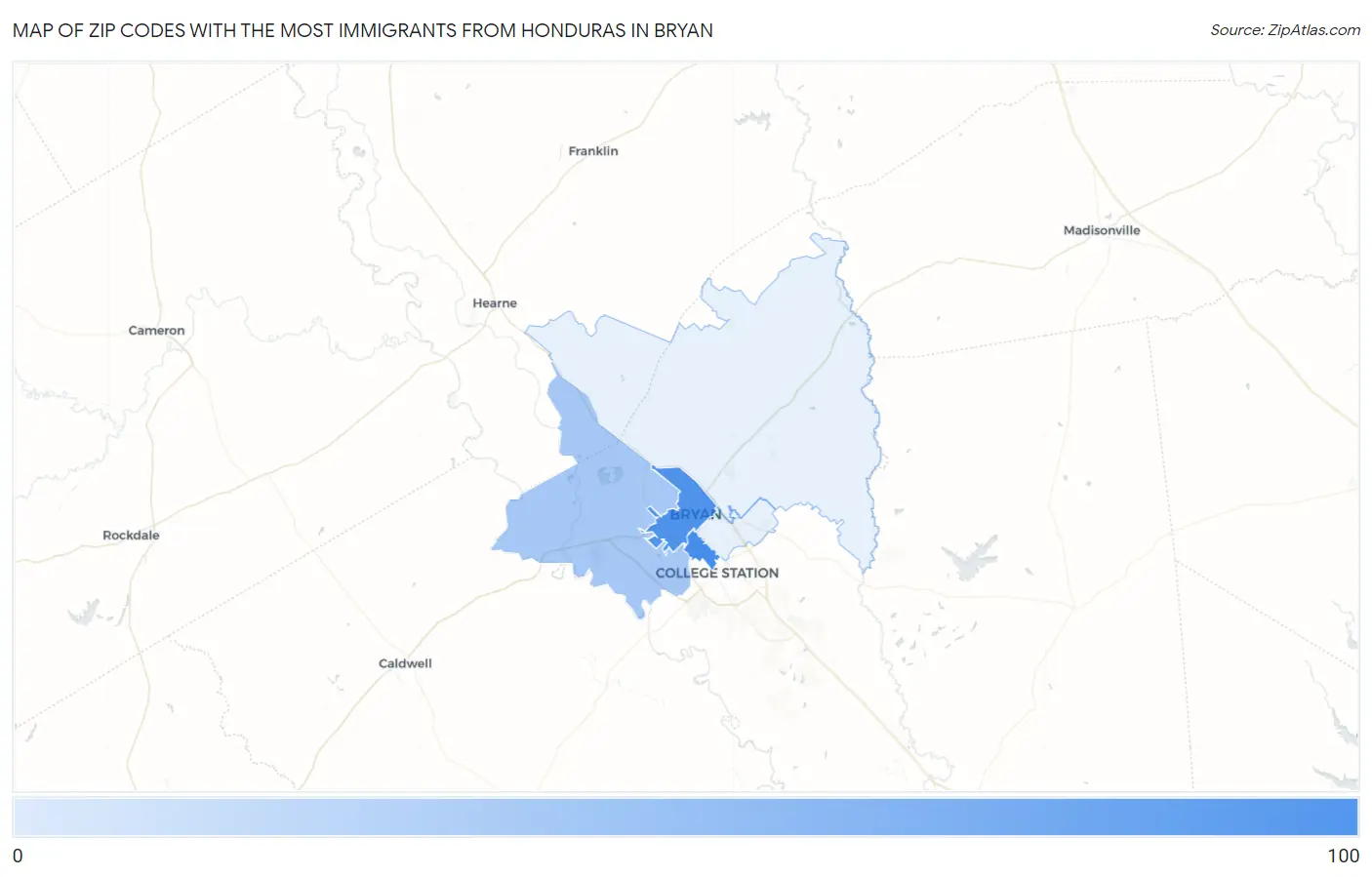 Zip Codes with the Most Immigrants from Honduras in Bryan Map