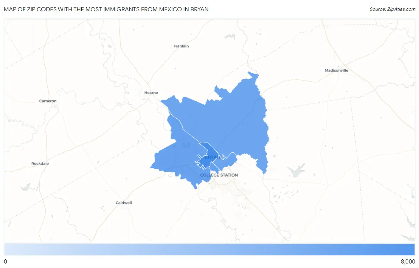 Zip Codes with the Most Immigrants from Mexico in Bryan Map