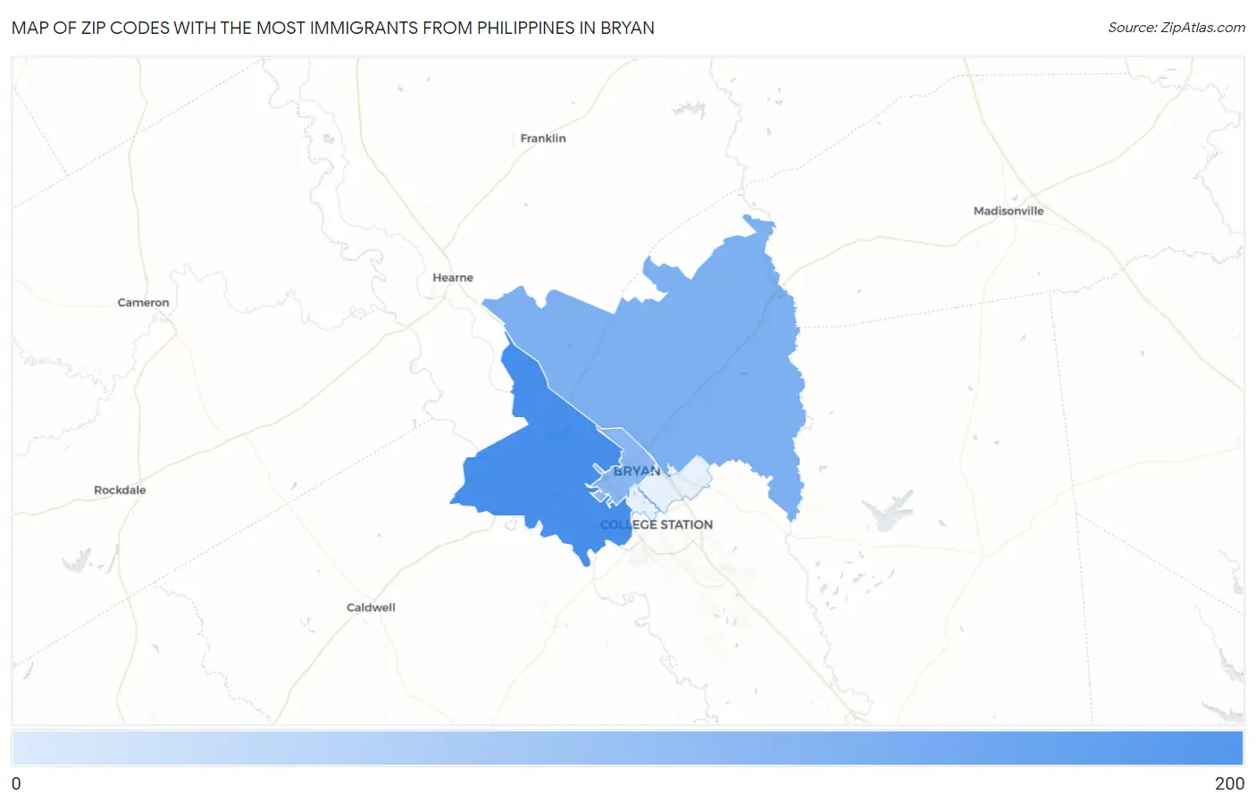 Zip Codes with the Most Immigrants from Philippines in Bryan Map