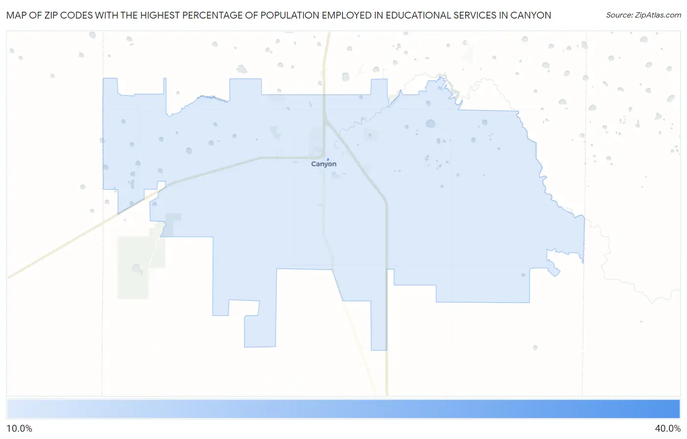 Zip Codes with the Highest Percentage of Population Employed in Educational Services in Canyon Map
