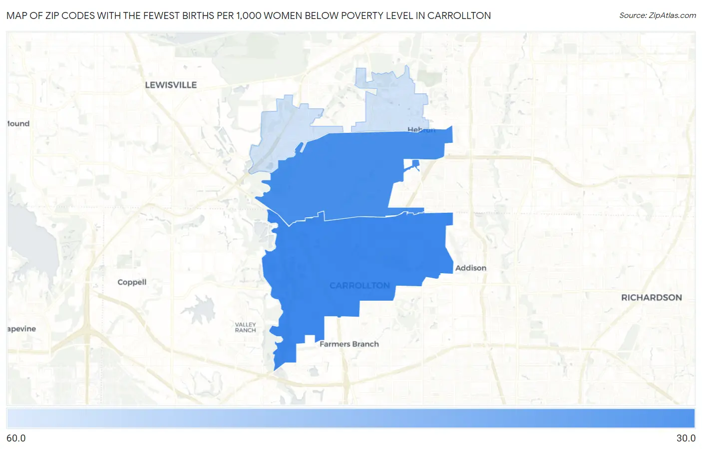Zip Codes with the Fewest Births per 1,000 Women Below Poverty Level in Carrollton Map