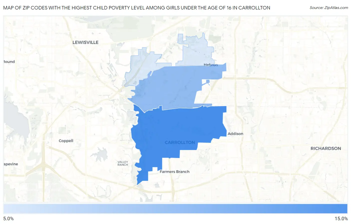 Zip Codes with the Highest Child Poverty Level Among Girls Under the Age of 16 in Carrollton Map