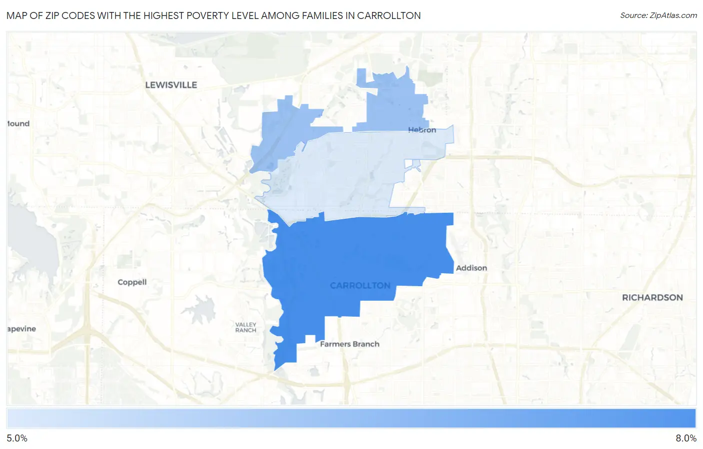 Zip Codes with the Highest Poverty Level Among Families in Carrollton Map