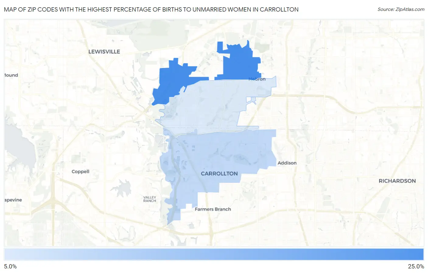 Zip Codes with the Highest Percentage of Births to Unmarried Women in Carrollton Map