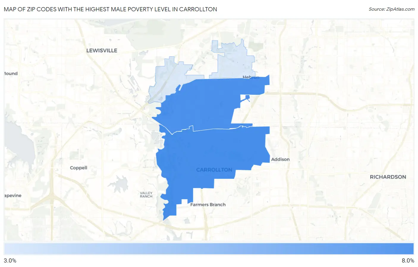 Zip Codes with the Highest Male Poverty Level in Carrollton Map