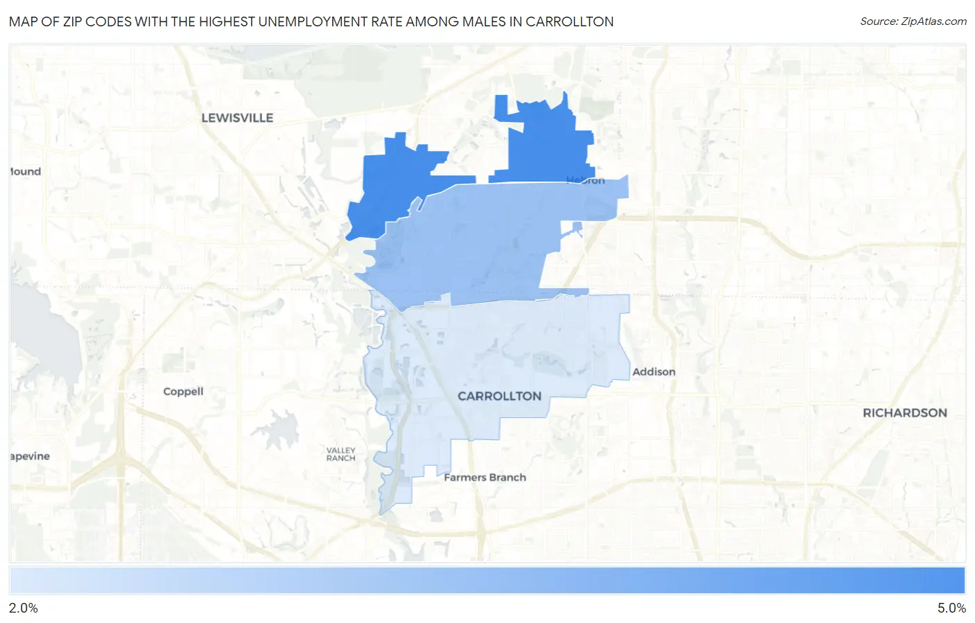 Zip Codes with the Highest Unemployment Rate Among Males in Carrollton Map