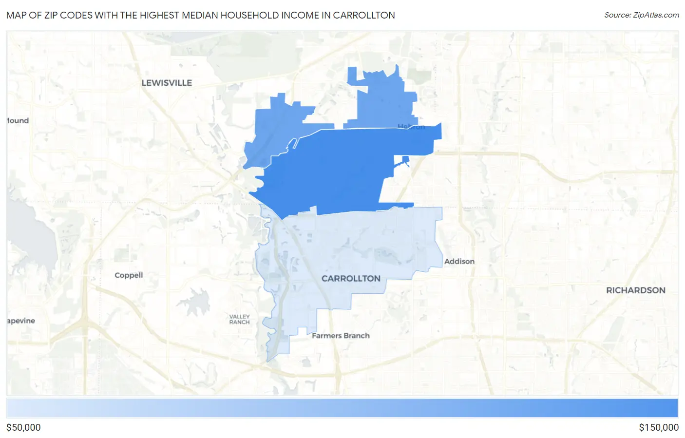 Zip Codes with the Highest Median Household Income in Carrollton Map