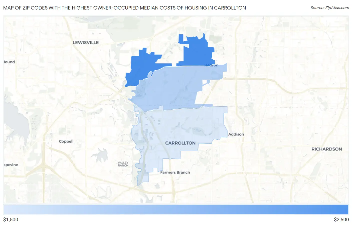 Zip Codes with the Highest Owner-Occupied Median Costs of Housing in Carrollton Map