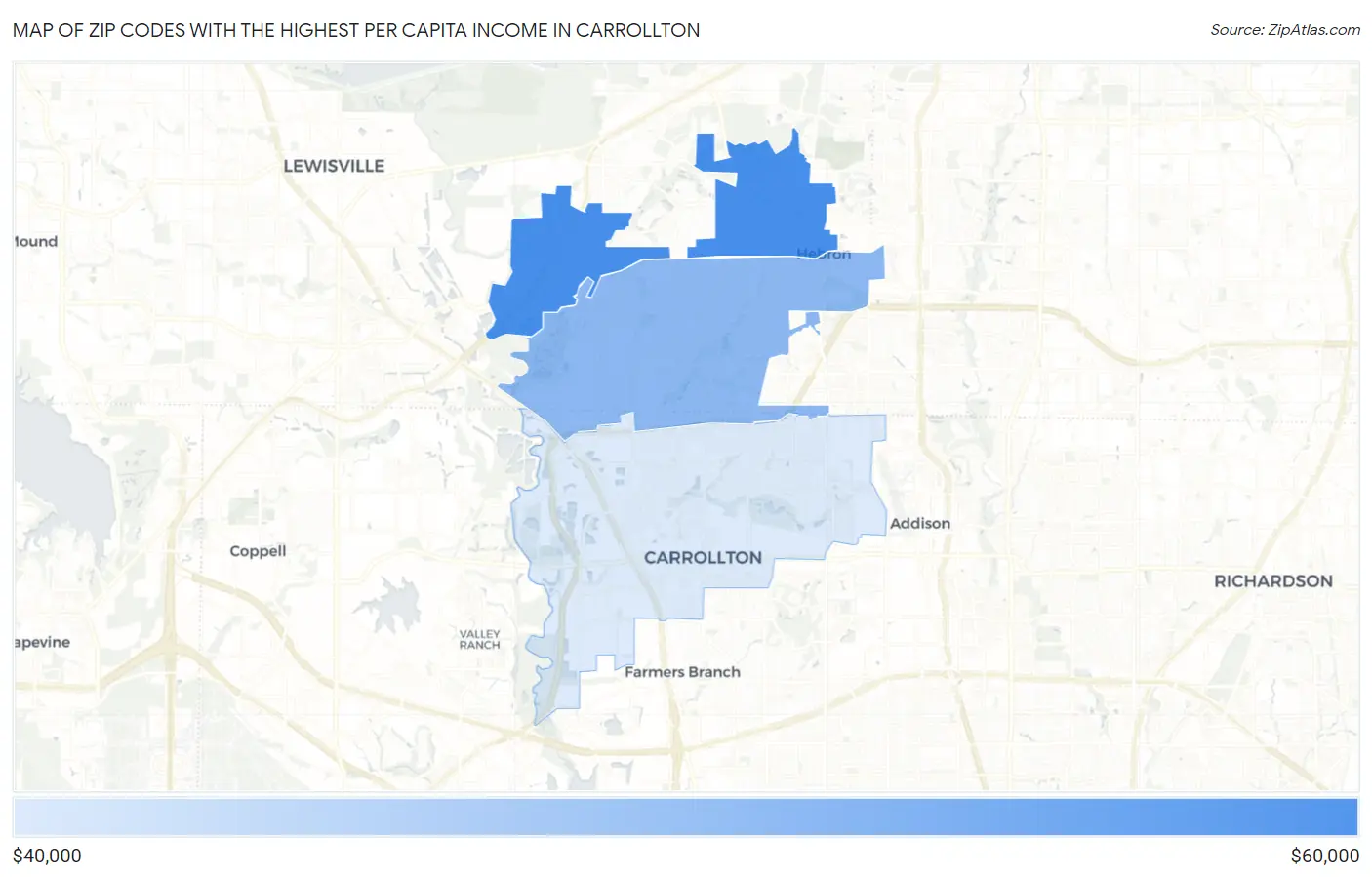 Zip Codes with the Highest Per Capita Income in Carrollton Map