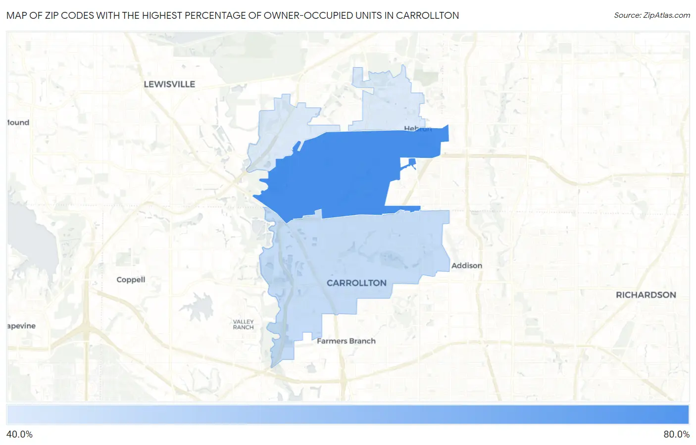 Zip Codes with the Highest Percentage of Owner-Occupied Units in Carrollton Map