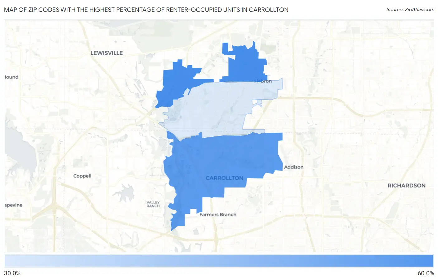 Zip Codes with the Highest Percentage of Renter-Occupied Units in Carrollton Map