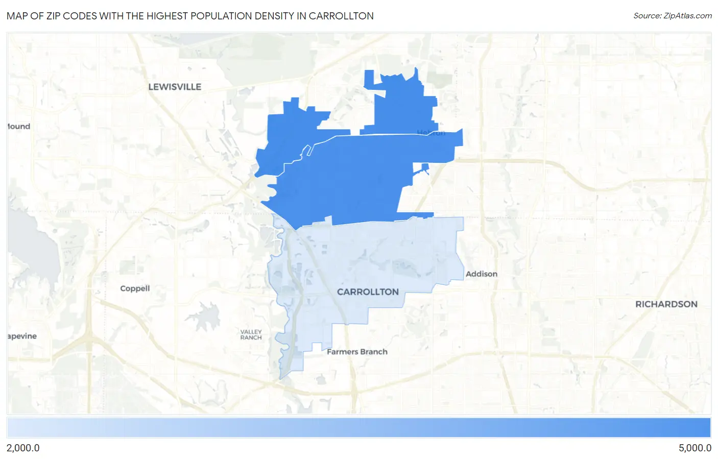 Zip Codes with the Highest Population Density in Carrollton Map