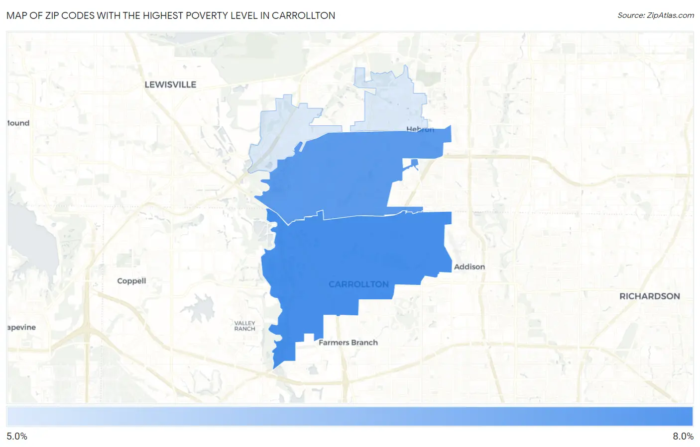 Zip Codes with the Highest Poverty Level in Carrollton Map
