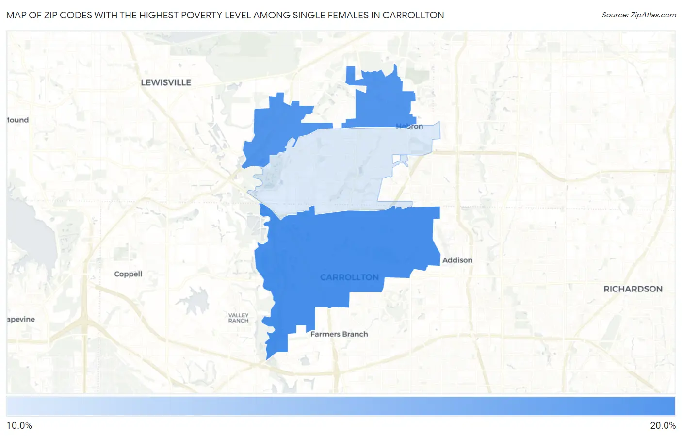 Zip Codes with the Highest Poverty Level Among Single Females in Carrollton Map