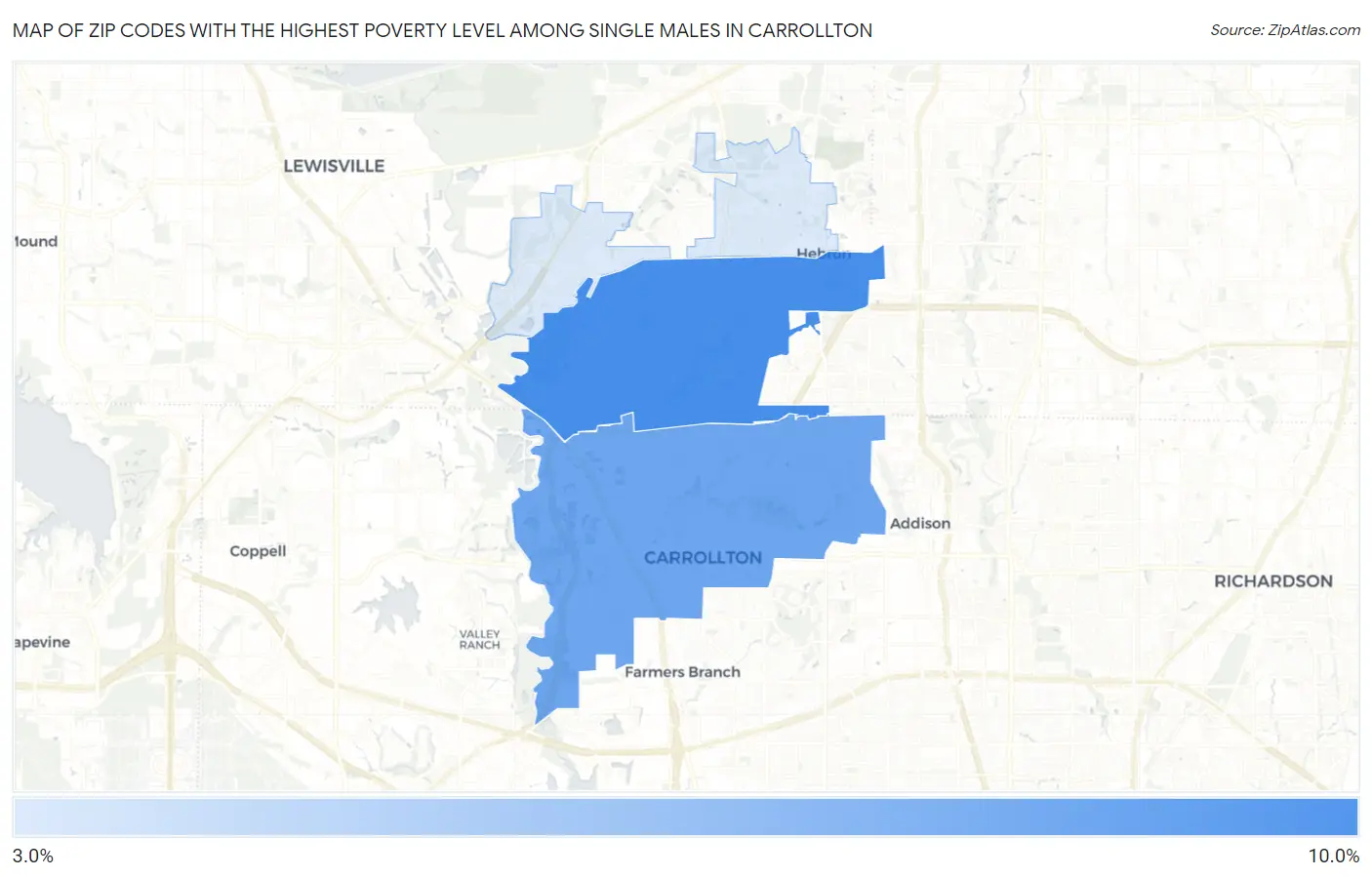 Zip Codes with the Highest Poverty Level Among Single Males in Carrollton Map