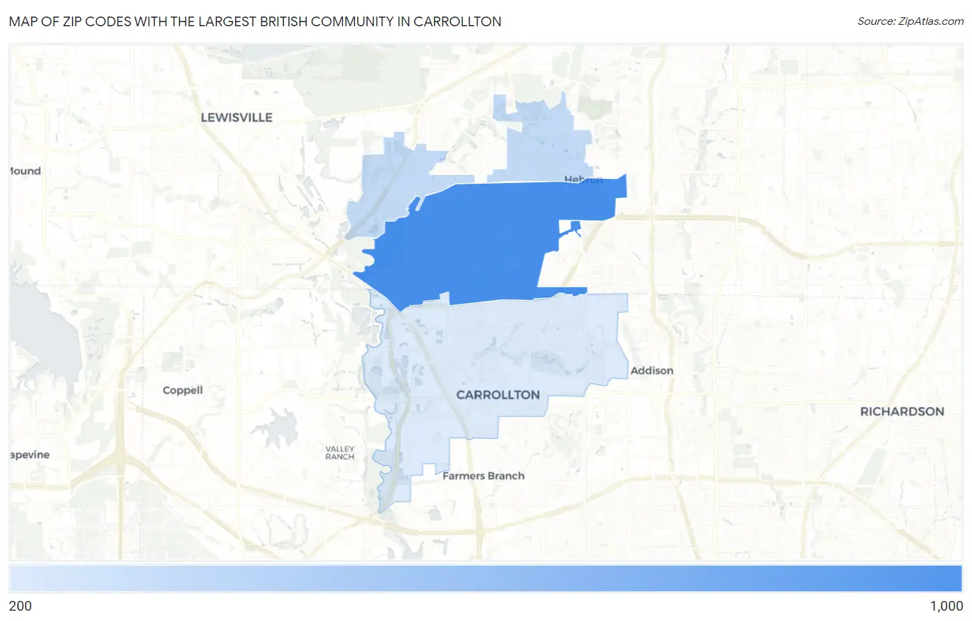 Zip Codes with the Largest British Community in Carrollton Map