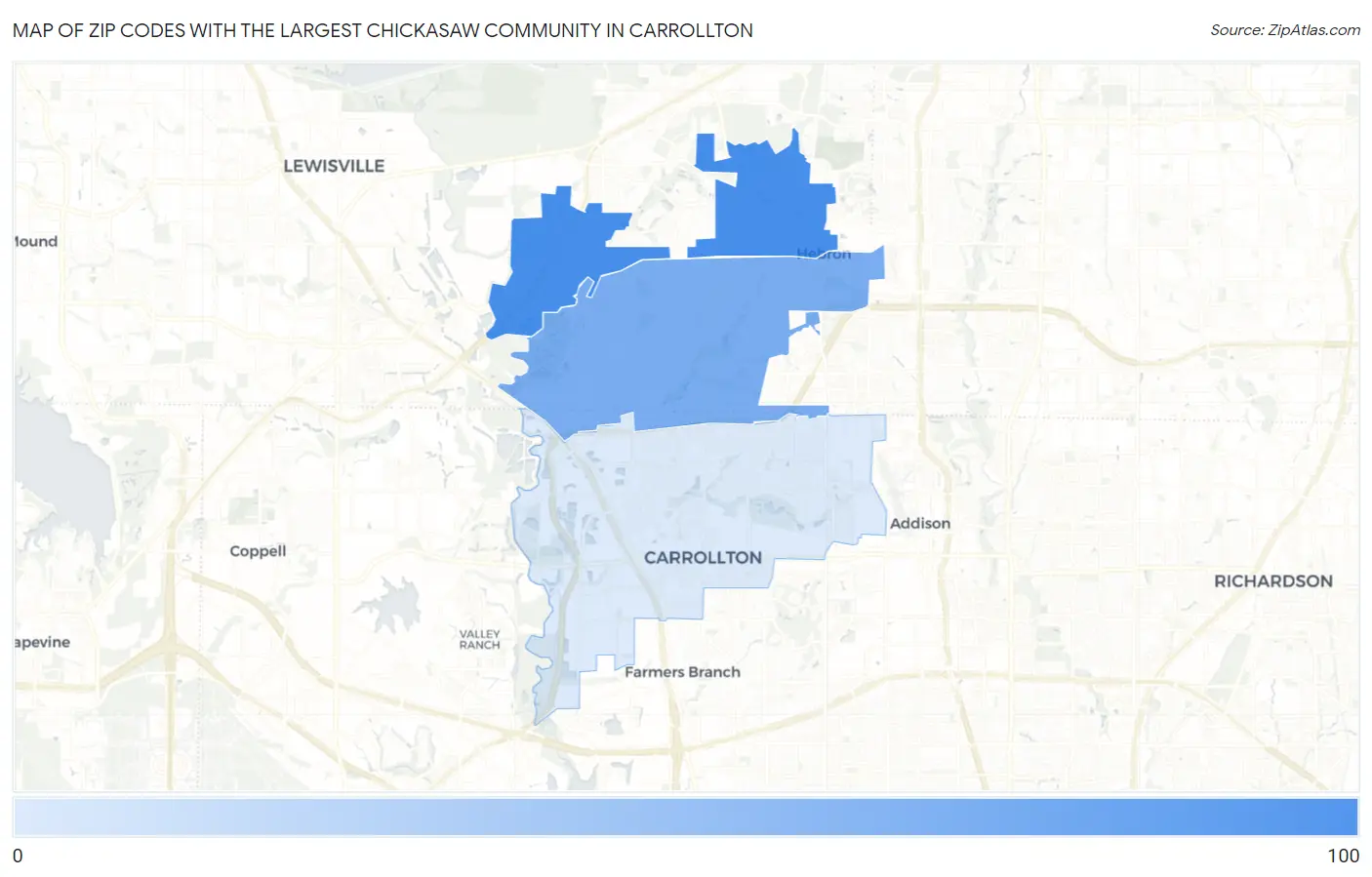 Zip Codes with the Largest Chickasaw Community in Carrollton Map