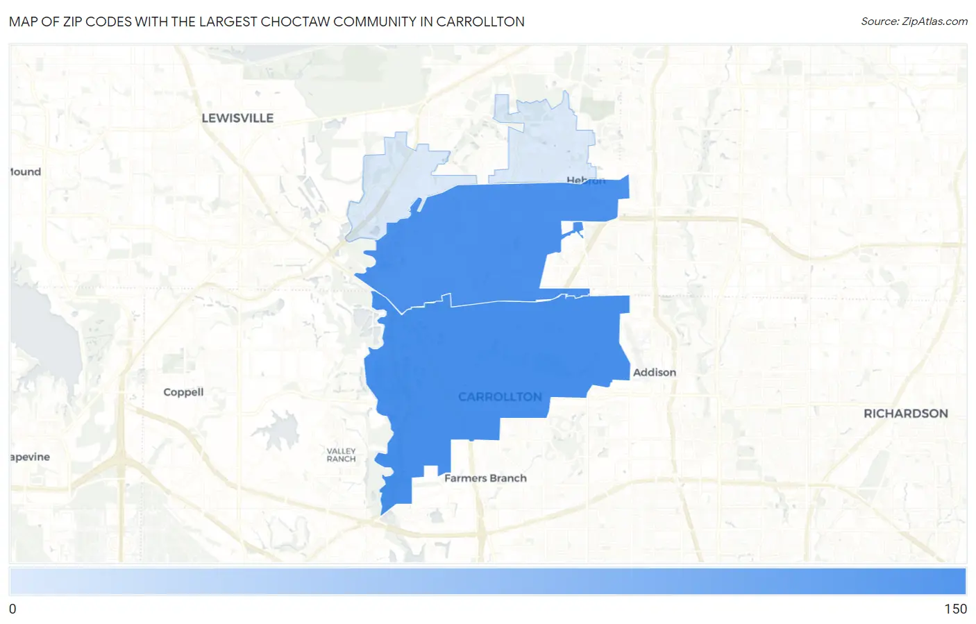 Zip Codes with the Largest Choctaw Community in Carrollton Map