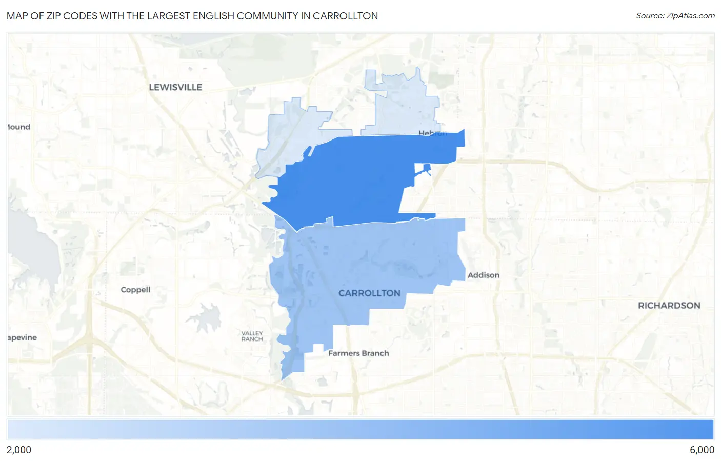 Zip Codes with the Largest English Community in Carrollton Map