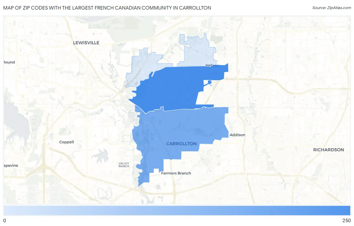 Zip Codes with the Largest French Canadian Community in Carrollton Map