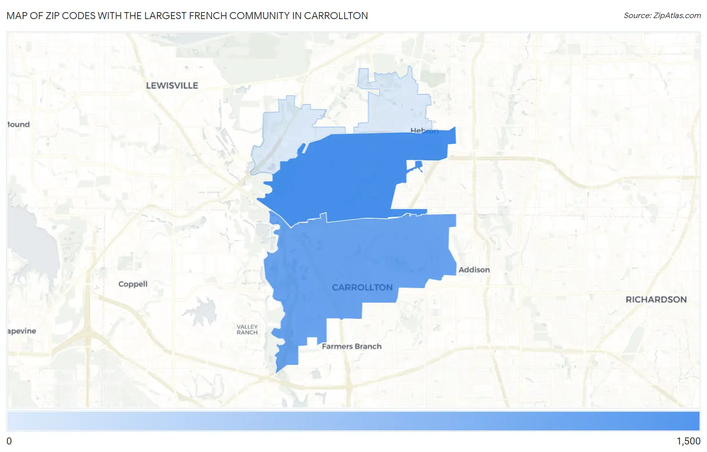 Zip Codes with the Largest French Community in Carrollton Map
