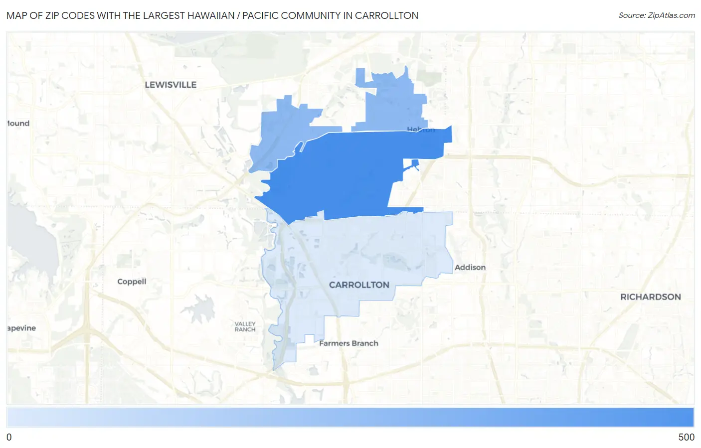 Zip Codes with the Largest Hawaiian / Pacific Community in Carrollton Map