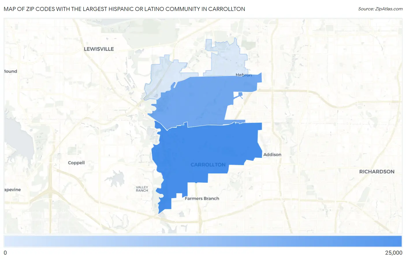 Zip Codes with the Largest Hispanic or Latino Community in Carrollton Map