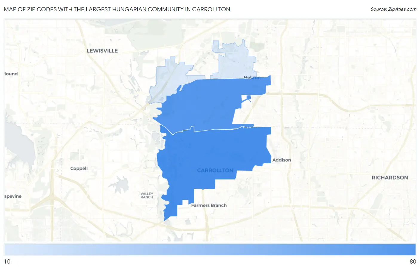 Zip Codes with the Largest Hungarian Community in Carrollton Map