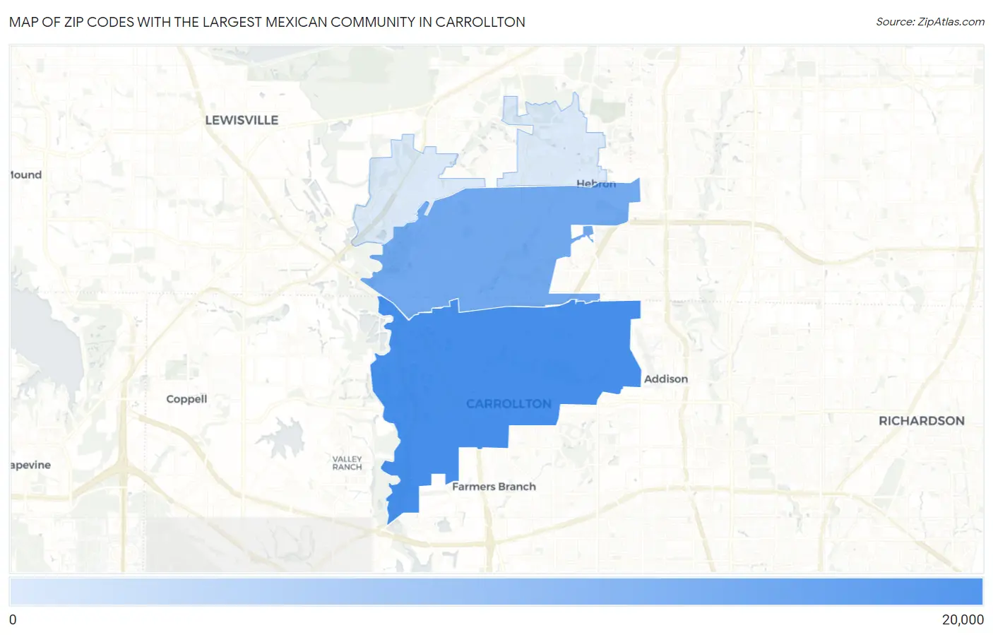 Zip Codes with the Largest Mexican Community in Carrollton Map