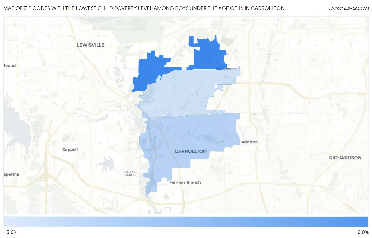 Zip Codes with the Lowest Child Poverty Level Among Boys Under the Age of 16 in Carrollton Map
