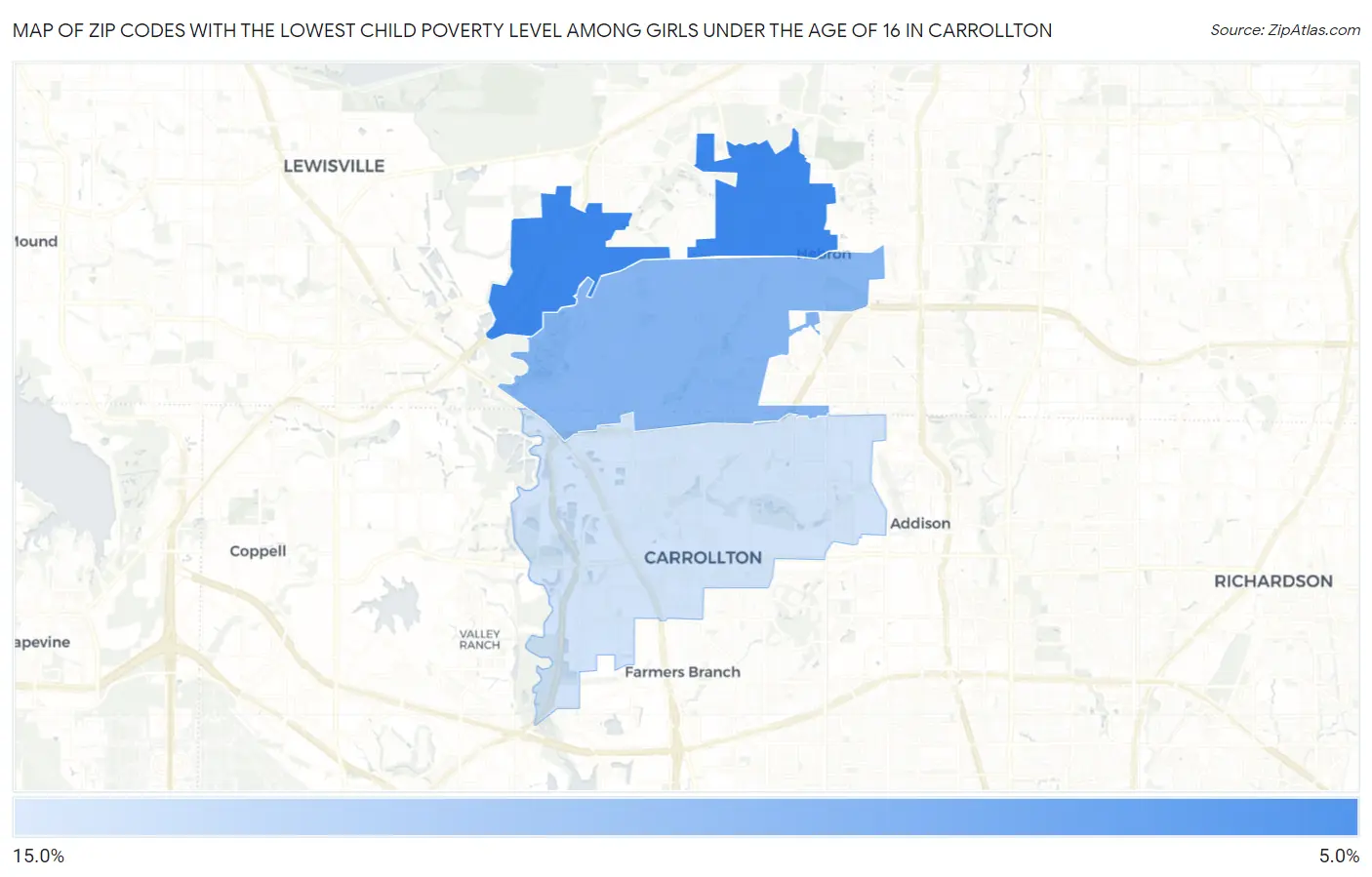 Zip Codes with the Lowest Child Poverty Level Among Girls Under the Age of 16 in Carrollton Map