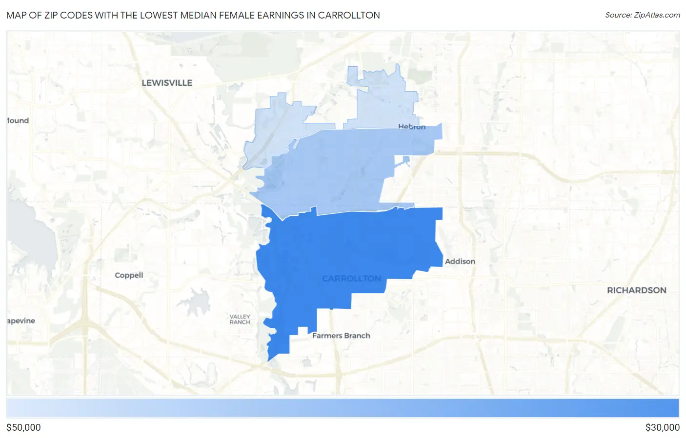 Zip Codes with the Lowest Median Female Earnings in Carrollton Map