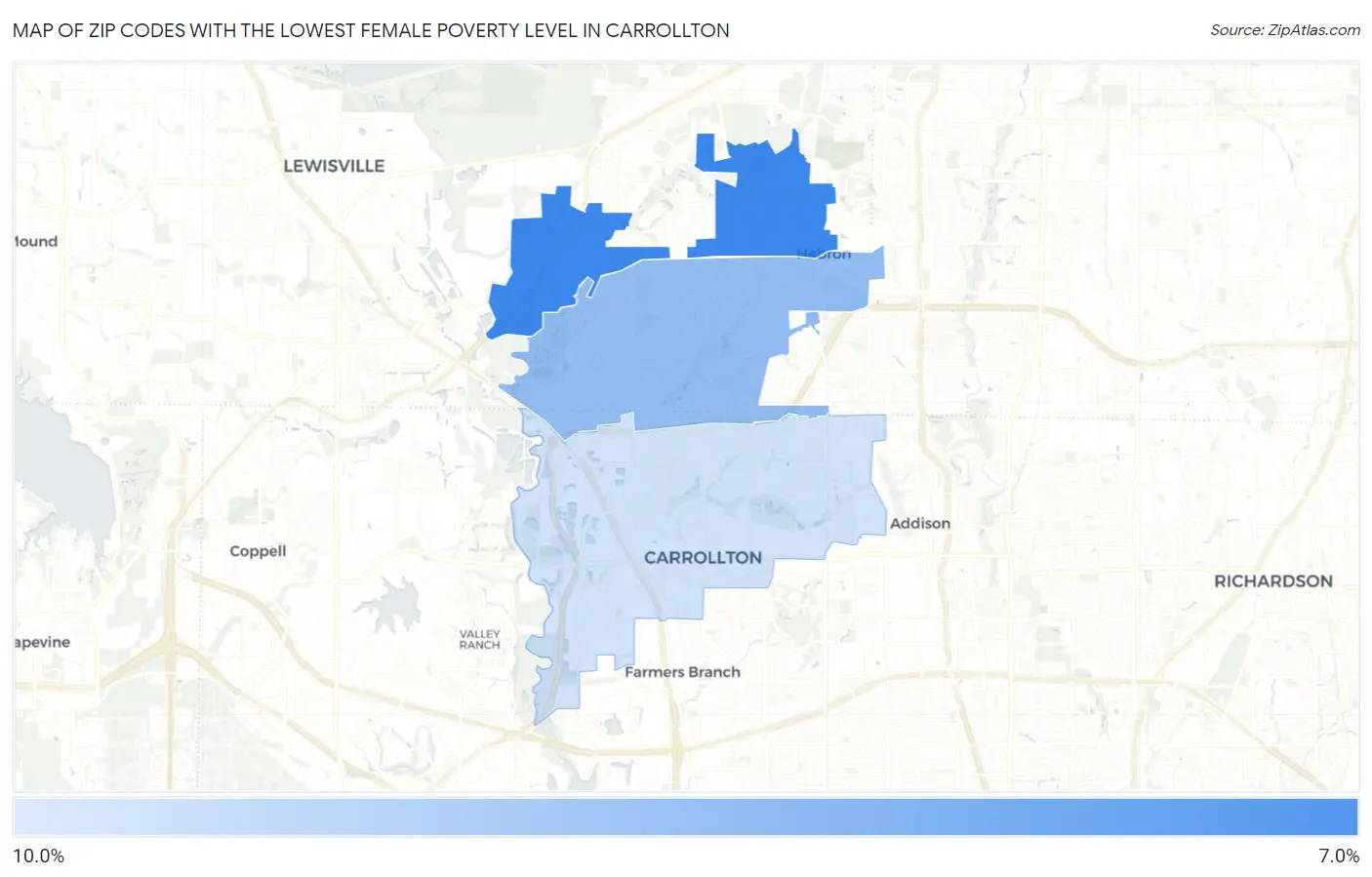 Zip Codes with the Lowest Female Poverty Level in Carrollton Map