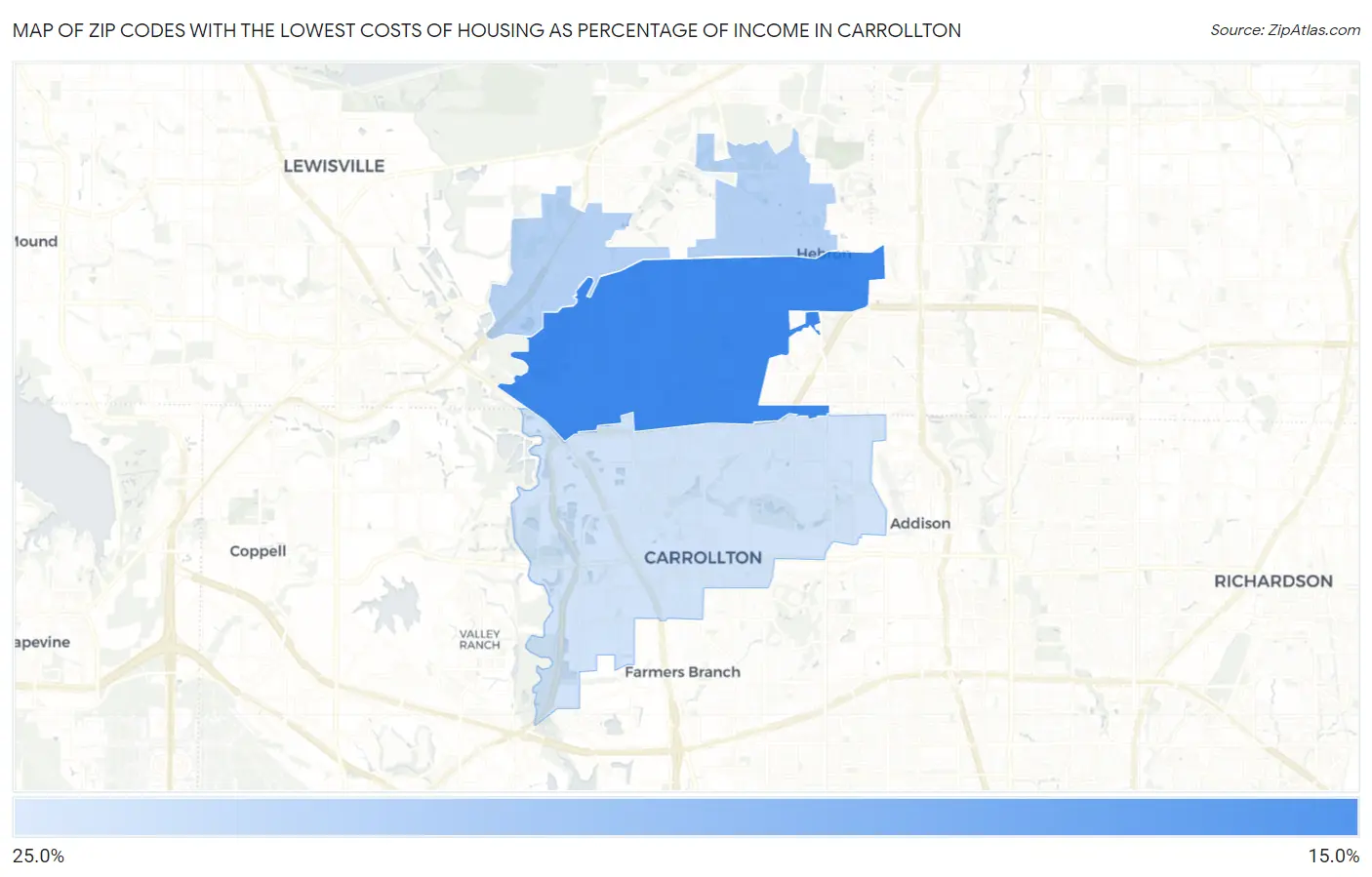 Zip Codes with the Lowest Costs of Housing as Percentage of Income in Carrollton Map