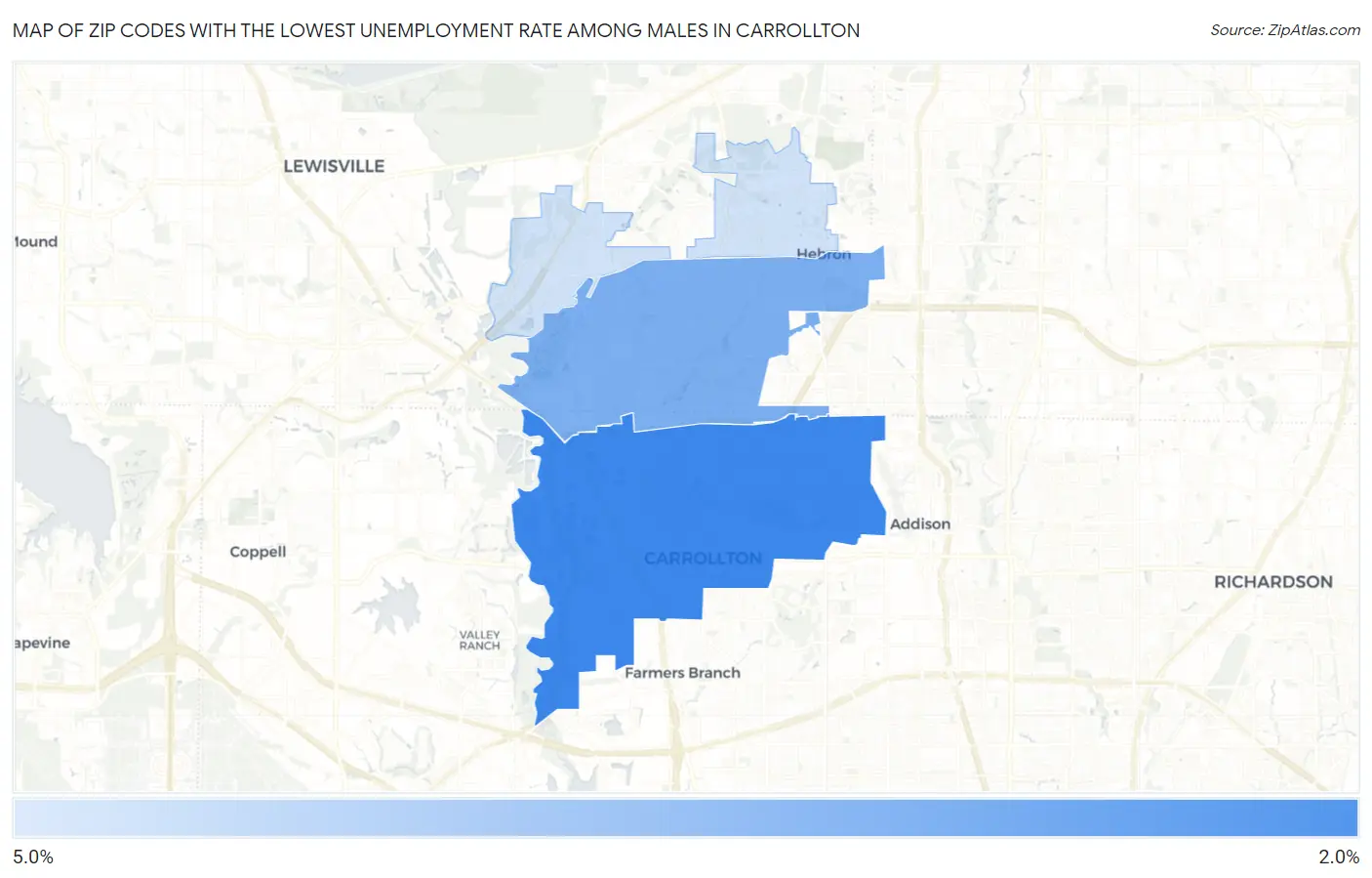 Zip Codes with the Lowest Unemployment Rate Among Males in Carrollton Map