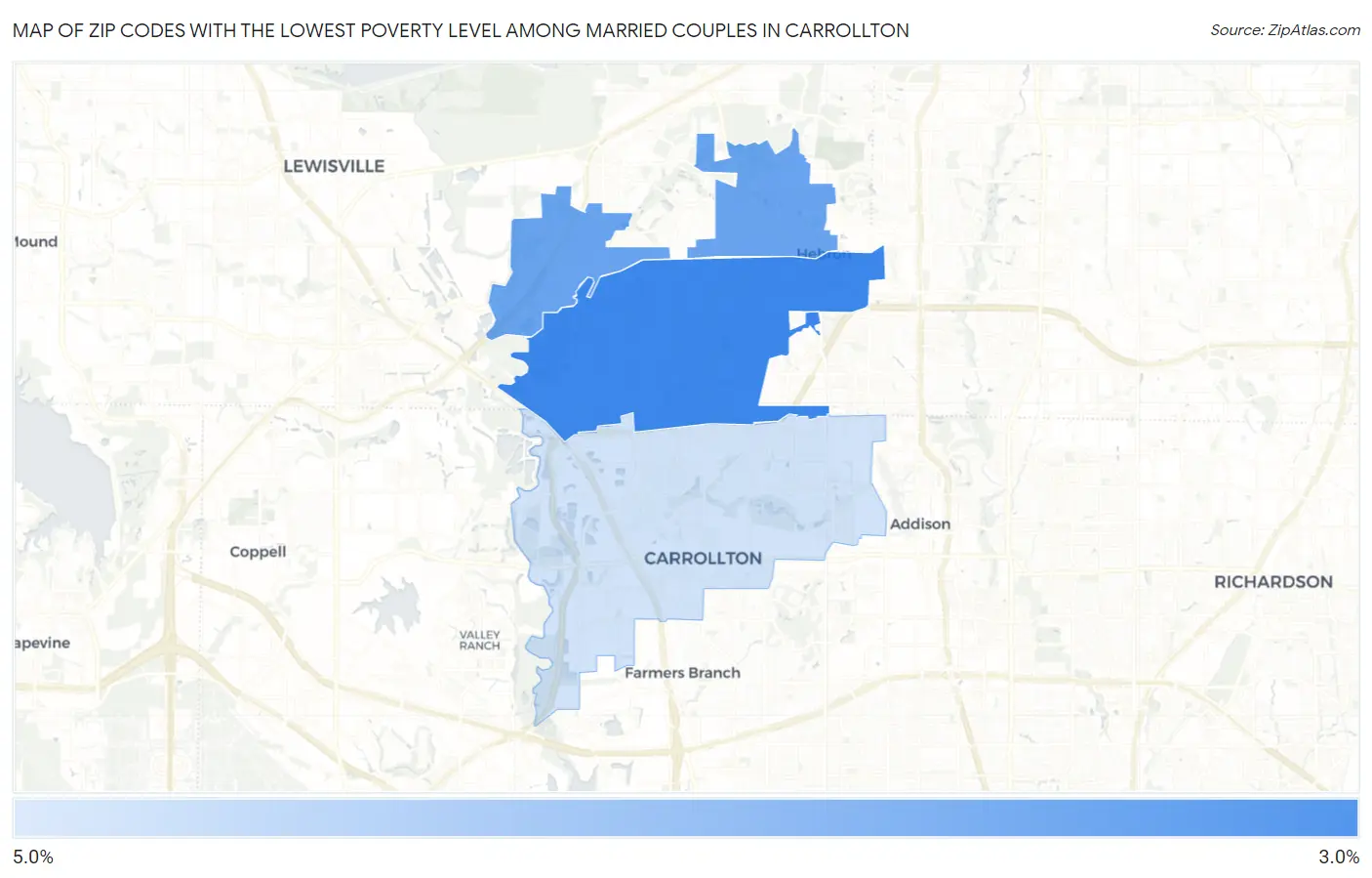 Zip Codes with the Lowest Poverty Level Among Married Couples in Carrollton Map