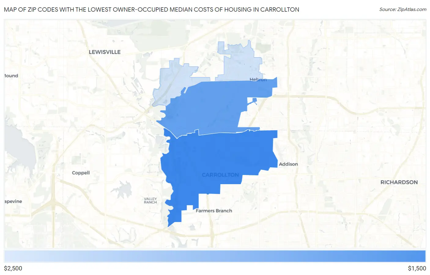 Zip Codes with the Lowest Owner-Occupied Median Costs of Housing in Carrollton Map