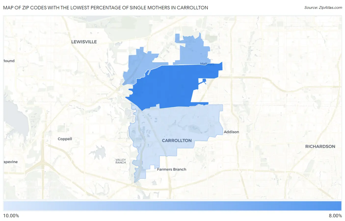 Zip Codes with the Lowest Percentage of Single Mothers in Carrollton Map