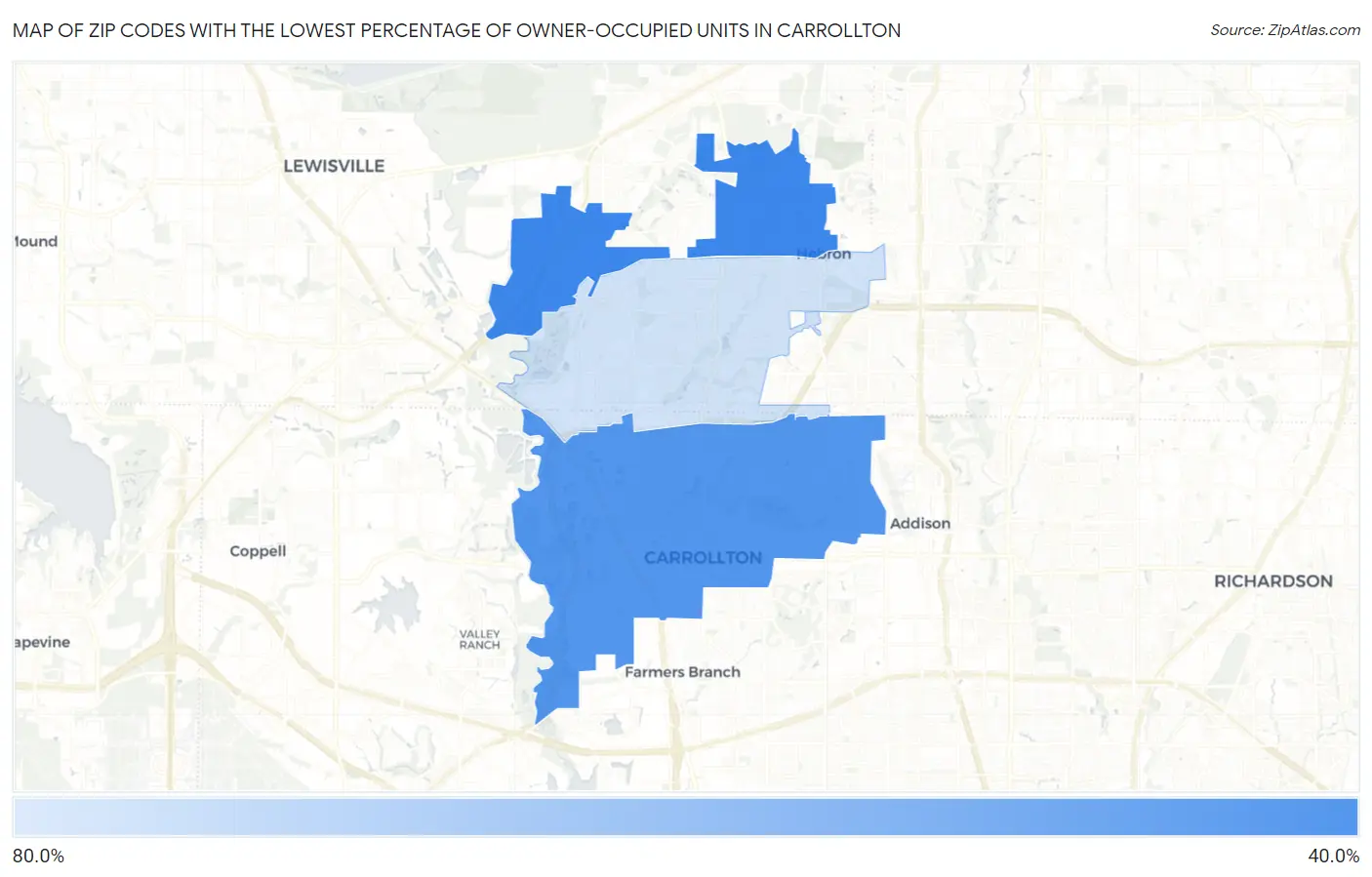 Zip Codes with the Lowest Percentage of Owner-Occupied Units in Carrollton Map