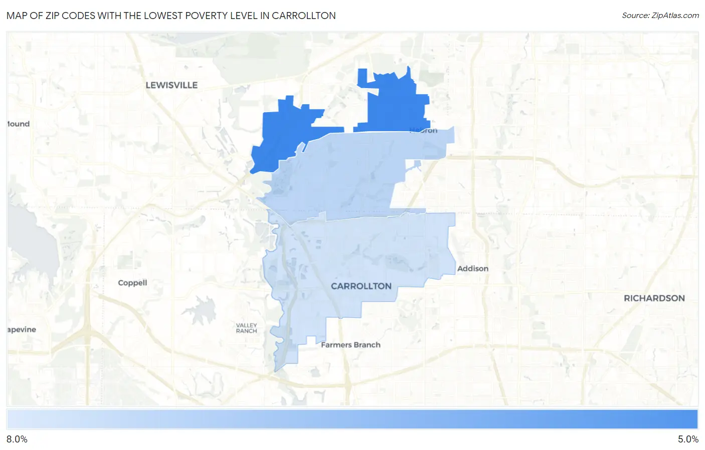 Zip Codes with the Lowest Poverty Level in Carrollton Map
