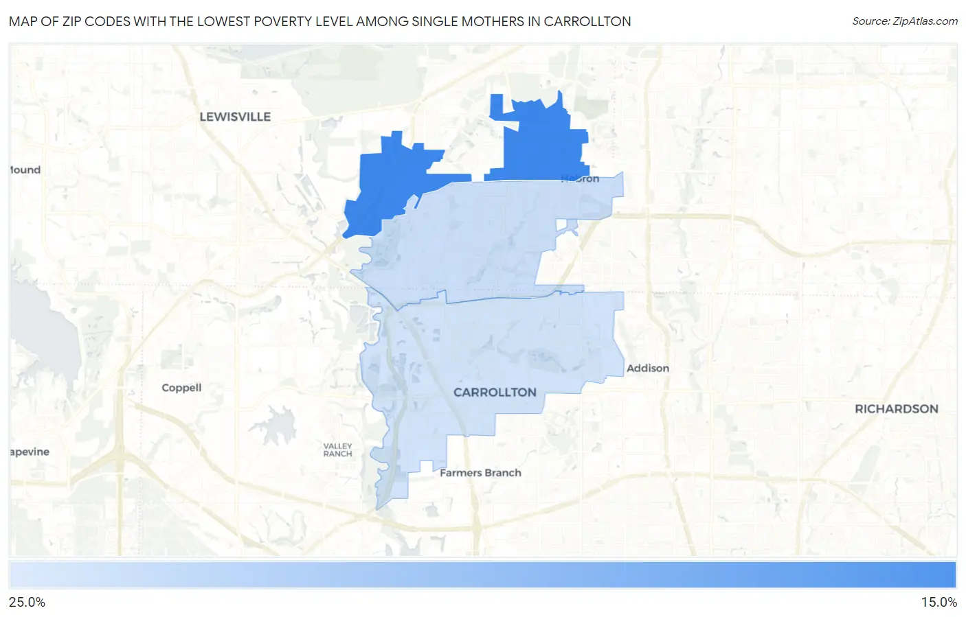 Zip Codes with the Lowest Poverty Level Among Single Mothers in Carrollton Map