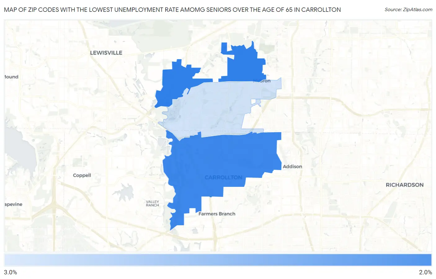 Zip Codes with the Lowest Unemployment Rate Amomg Seniors Over the Age of 65 in Carrollton Map