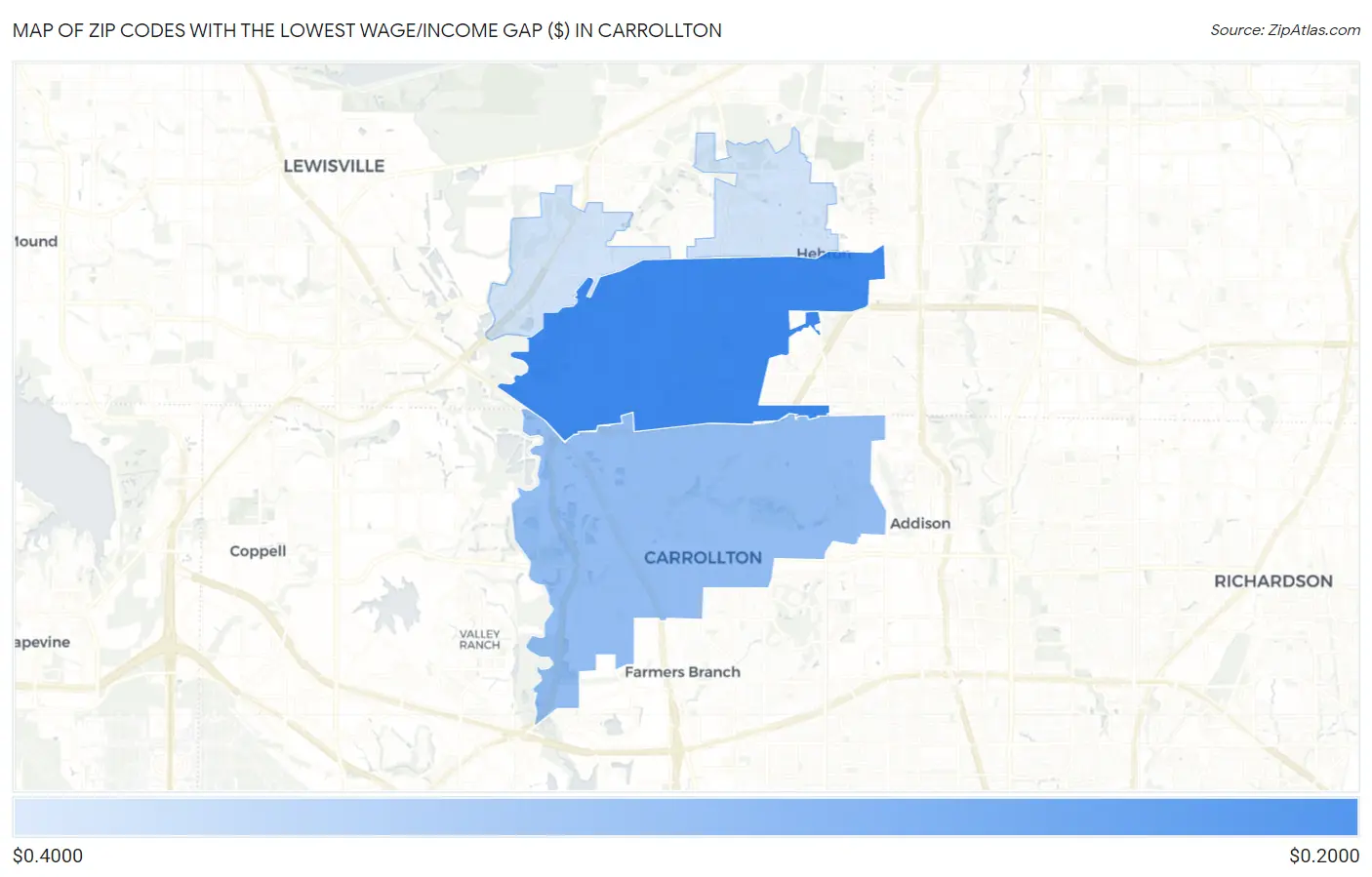 Zip Codes with the Lowest Wage/Income Gap ($) in Carrollton Map