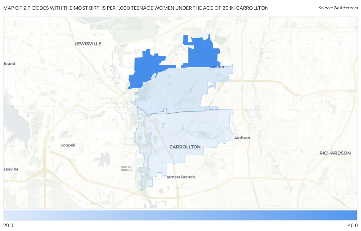 Zip Codes with the Most Births per 1,000 Teenage Women Under the Age of 20 in Carrollton Map