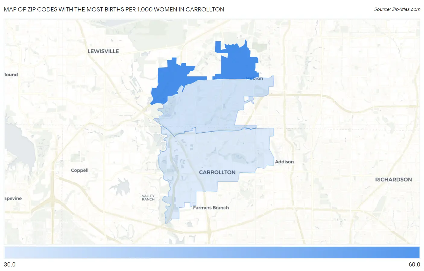 Zip Codes with the Most Births per 1,000 Women in Carrollton Map