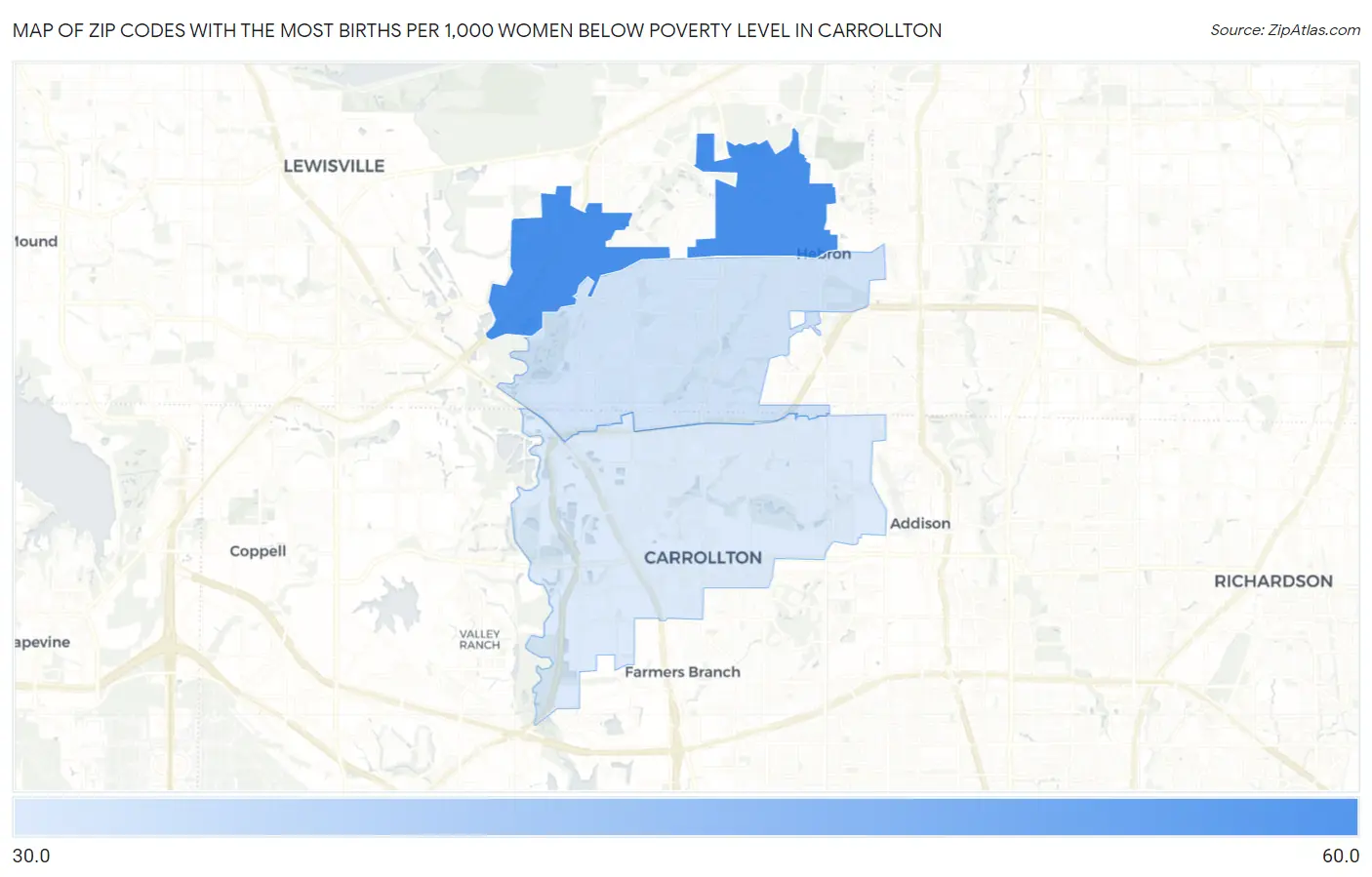 Zip Codes with the Most Births per 1,000 Women Below Poverty Level in Carrollton Map