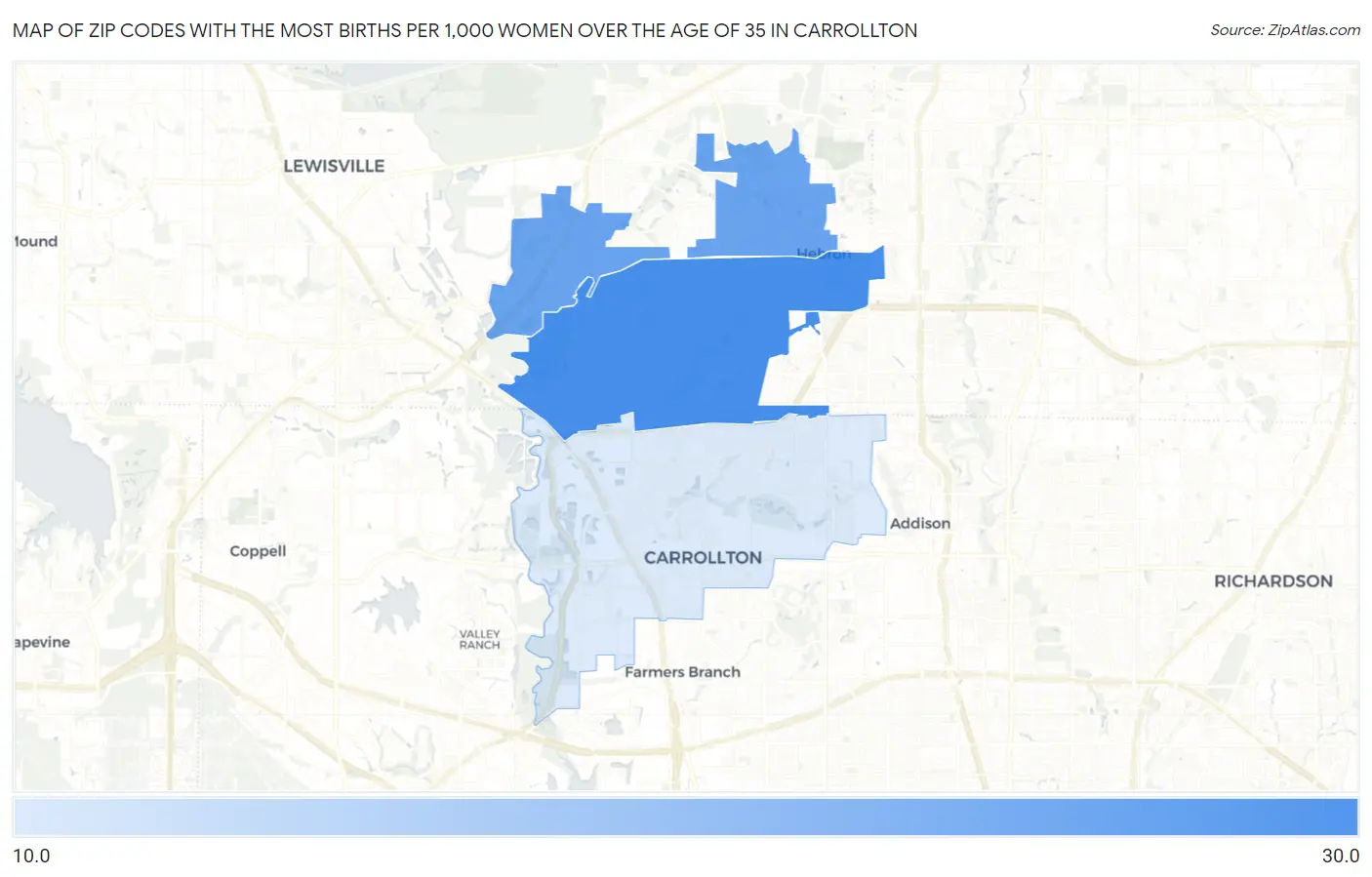 Zip Codes with the Most Births per 1,000 Women Over the Age of 35 in Carrollton Map