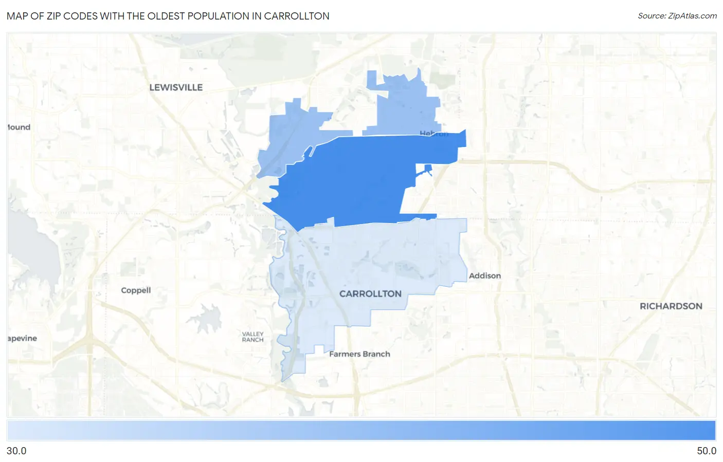 Zip Codes with the Oldest Population in Carrollton Map