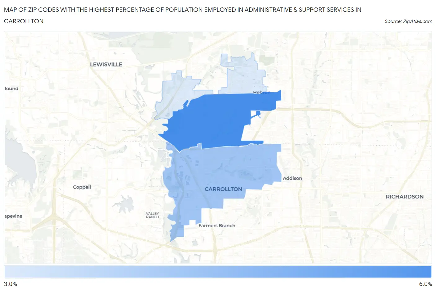 Zip Codes with the Highest Percentage of Population Employed in Administrative & Support Services in Carrollton Map